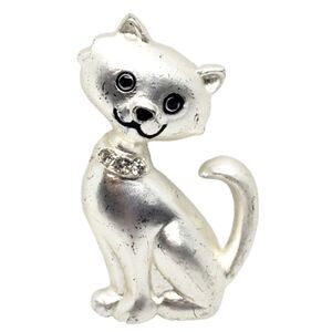 Matte Silver Kitty Cat Fashion Brooch Pin with White Rhinestone Collar Vintage